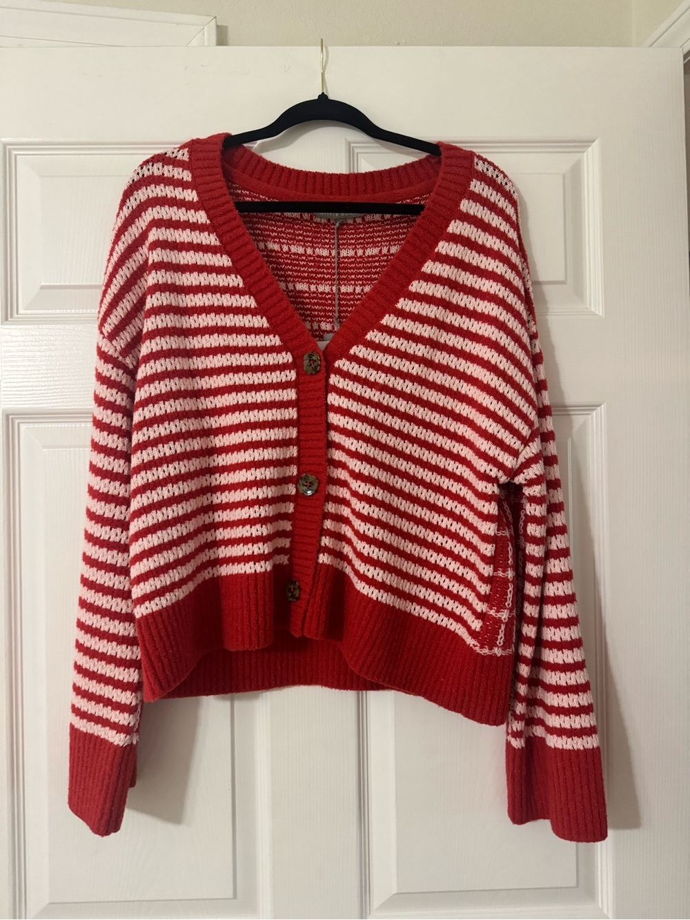 Red and White Striped V-Neck Cardigan Sweater